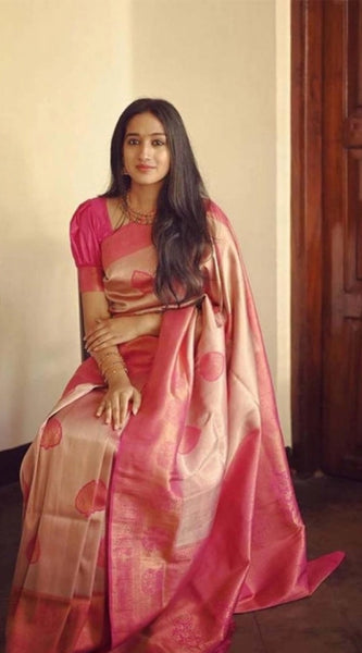 Mayawye Women's Soft Litchi Silk Jacquard Work Saree With Unstitched Blouse 5.5Mtr (Pink)