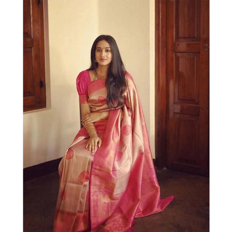 Mayawye Women's Soft Litchi Silk Jacquard Work Saree With Unstitched Blouse 5.5Mtr (Pink)