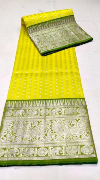 Mayawye Women's Soft Litchi Silk Jacquard Work Saree With Unstitched Blouse 5.5Mtr (Yellow)