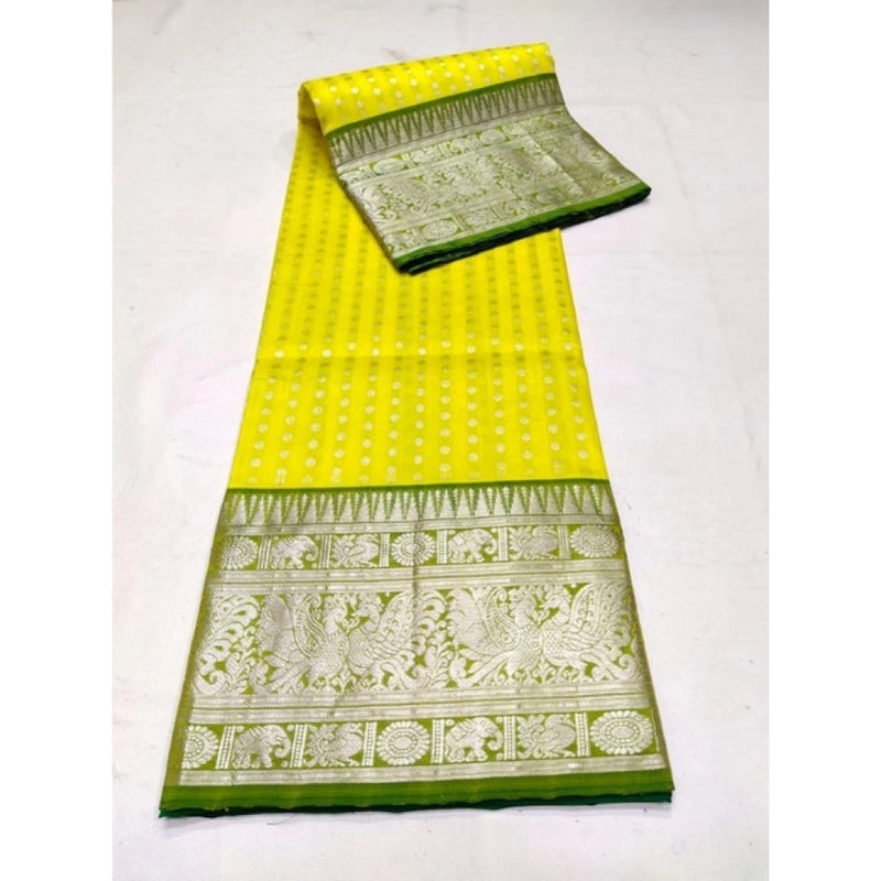 Mayawye Women's Soft Litchi Silk Jacquard Work Saree With Unstitched Blouse 5.5Mtr (Yellow)