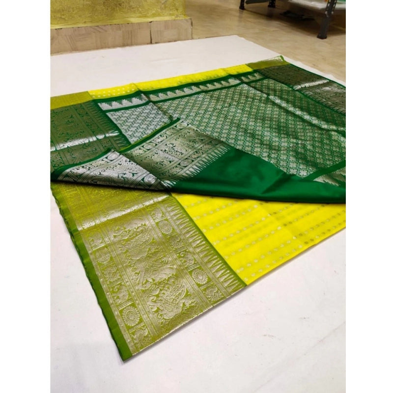 Mayawye Women's Soft Litchi Silk Jacquard Work Saree With Unstitched Blouse 5.5Mtr (Yellow)
