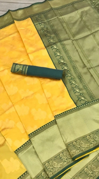 Mayawye Women's Soft Litchi Silk Jacquard Work Saree With Unstitched Blouse 5.5Mtr (Yellow)