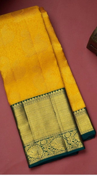 Mayawye Women's Soft Litchi Silk Jacquard Work Saree With Unstitched Blouse 5.5Mtr (Yellow)