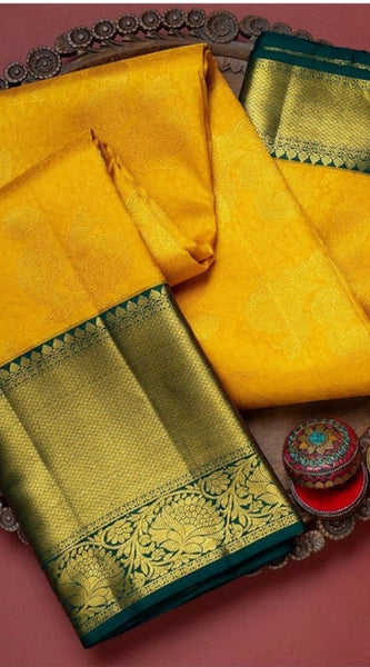Mayawye Women's Soft Litchi Silk Jacquard Work Saree With Unstitched Blouse 5.5Mtr (Yellow)