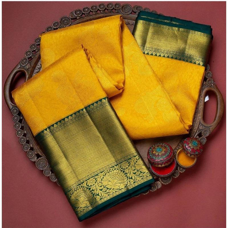 Mayawye Women's Soft Litchi Silk Jacquard Work Saree With Unstitched Blouse 5.5Mtr (Yellow)