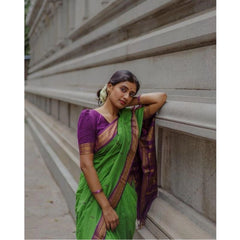Mayawye Women's Soft Litchi Silk Jacquard Work Saree With Unstitched Blouse 5.5Mtr (Dark Green)