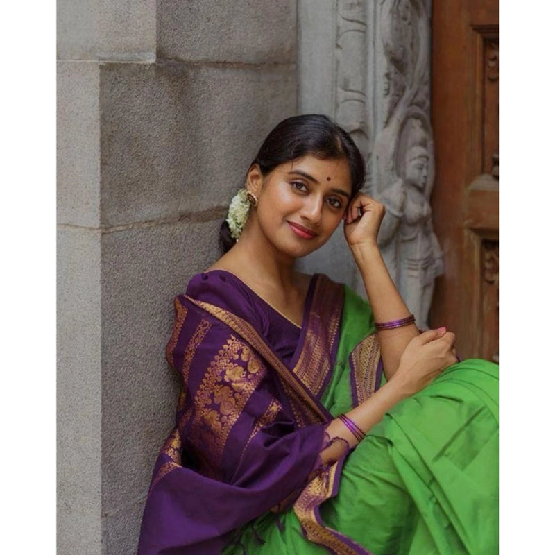 Mayawye Women's Soft Litchi Silk Jacquard Work Saree With Unstitched Blouse 5.5Mtr (Dark Green)