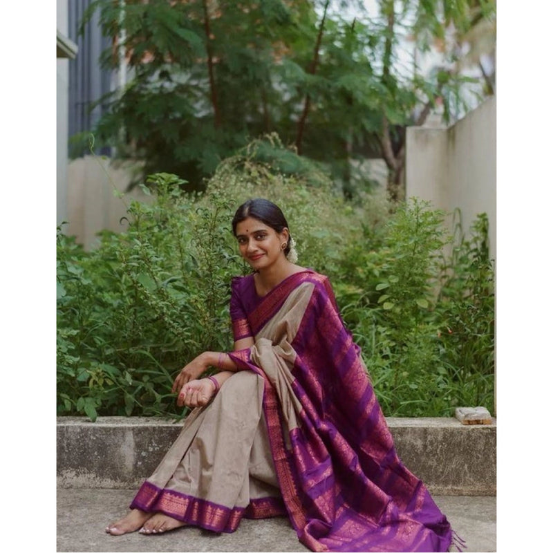 Mayawye Women's Soft Litchi Silk Jacquard Work Saree With Unstitched Blouse 5.5Mtr (Gray)