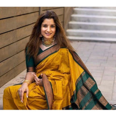Mayawye Women's Soft Litchi Silk Jacquard Work Saree With Unstitched Blouse 5.5Mtr (Yellow)