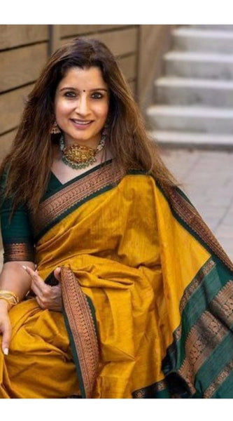 Mayawye Women's Soft Litchi Silk Jacquard Work Saree With Unstitched Blouse 5.5Mtr (Yellow)