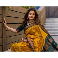 Mayawye Women's Soft Litchi Silk Jacquard Work Saree With Unstitched Blouse 5.5Mtr (Yellow)