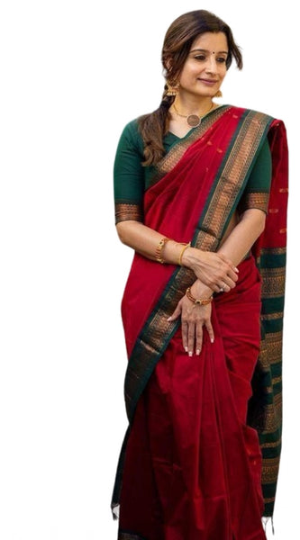 Mayawye Women's Soft Litchi Silk Jacquard Work Saree With Unstitched Blouse 5.5Mtr (Red)