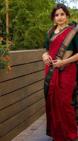 Mayawye Women's Soft Litchi Silk Jacquard Work Saree With Unstitched Blouse 5.5Mtr (Red)