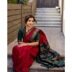Mayawye Women's Soft Litchi Silk Jacquard Work Saree With Unstitched Blouse 5.5Mtr (Red)