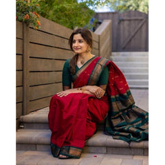 Mayawye Women's Soft Litchi Silk Jacquard Work Saree With Unstitched Blouse 5.5Mtr (Red)