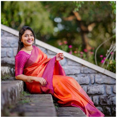 Mayawye Women's Soft Litchi Silk Jacquard Work Saree With Unstitched Blouse 5.5Mtr (Orange)