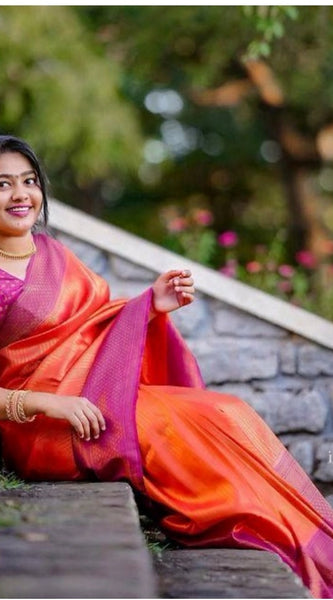Mayawye Women's Soft Litchi Silk Jacquard Work Saree With Unstitched Blouse 5.5Mtr (Orange)