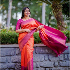 Mayawye Women's Soft Litchi Silk Jacquard Work Saree With Unstitched Blouse 5.5Mtr (Orange)