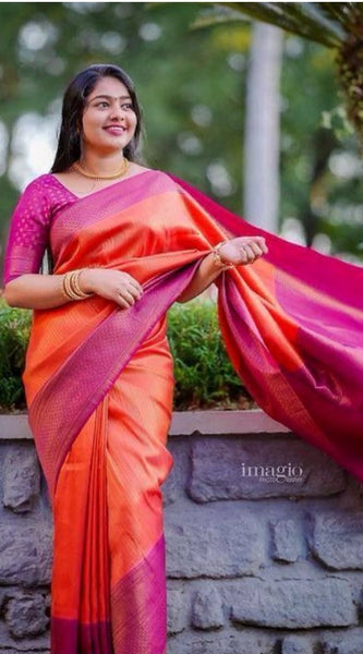 Mayawye Women's Soft Litchi Silk Jacquard Work Saree With Unstitched Blouse 5.5Mtr (Orange)