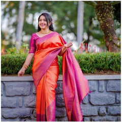 Mayawye Women's Soft Litchi Silk Jacquard Work Saree With Unstitched Blouse 5.5Mtr (Orange)