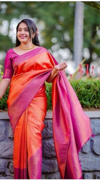 Mayawye Women's Soft Litchi Silk Jacquard Work Saree With Unstitched Blouse 5.5Mtr (Orange)