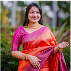 Mayawye Women's Soft Litchi Silk Jacquard Work Saree With Unstitched Blouse 5.5Mtr (Orange)