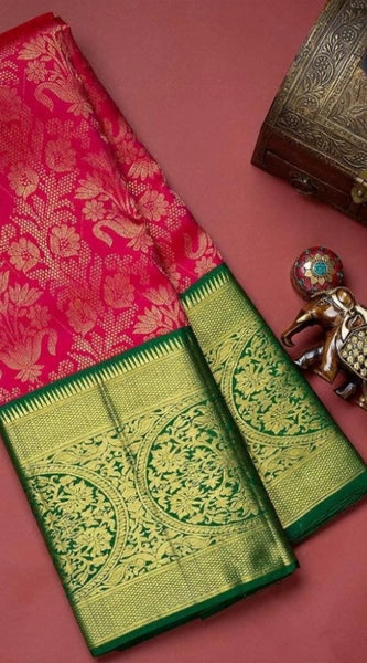 Mayawye Women's Soft Litchi Silk Jacquard Work Saree With Unstitched Blouse 5.5Mtr (Red)