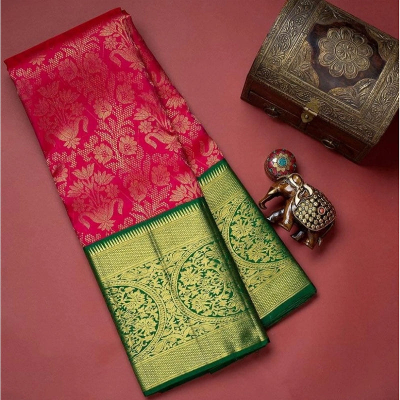 Mayawye Women's Soft Litchi Silk Jacquard Work Saree With Unstitched Blouse 5.5Mtr (Red)