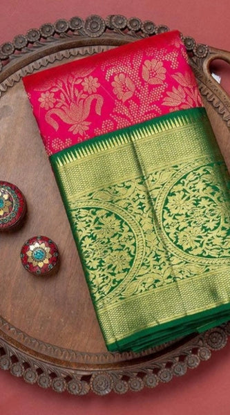 Mayawye Women's Soft Litchi Silk Jacquard Work Saree With Unstitched Blouse 5.5Mtr (Red)