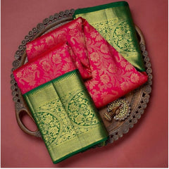 Mayawye Women's Soft Litchi Silk Jacquard Work Saree With Unstitched Blouse 5.5Mtr (Red)