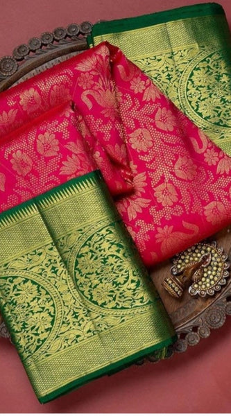 Mayawye Women's Soft Litchi Silk Jacquard Work Saree With Unstitched Blouse 5.5Mtr (Red)