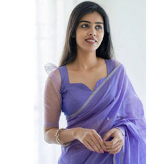 Mayawye Women's Soft Litchi Silk Jacquard Work Saree With Unstitched Blouse 5.5Mtr (Purple)