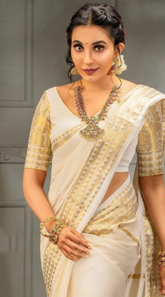 Mayawye Women's Soft Litchi Silk Jacquard Work Saree With Unstitched Blouse 5.5Mtr (White)