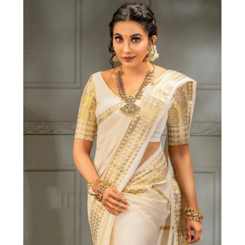 Mayawye Women's Soft Litchi Silk Jacquard Work Saree With Unstitched Blouse 5.5Mtr (White)