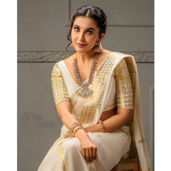 Mayawye Women's Soft Litchi Silk Jacquard Work Saree With Unstitched Blouse 5.5Mtr (White)