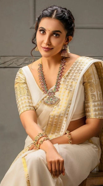 Mayawye Women's Soft Litchi Silk Jacquard Work Saree With Unstitched Blouse 5.5Mtr (White)