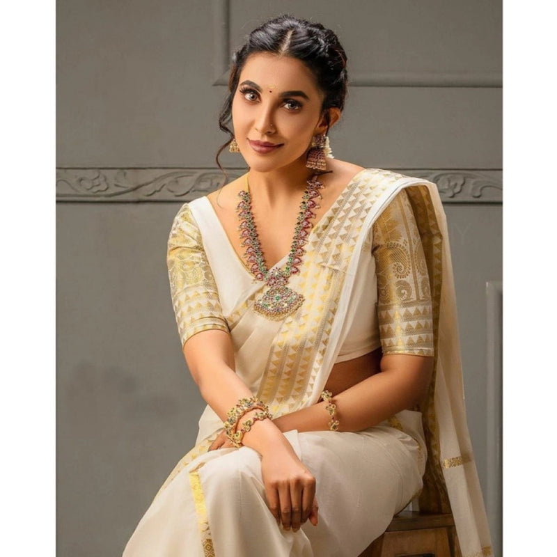 Mayawye Women's Soft Litchi Silk Jacquard Work Saree With Unstitched Blouse 5.5Mtr (White)