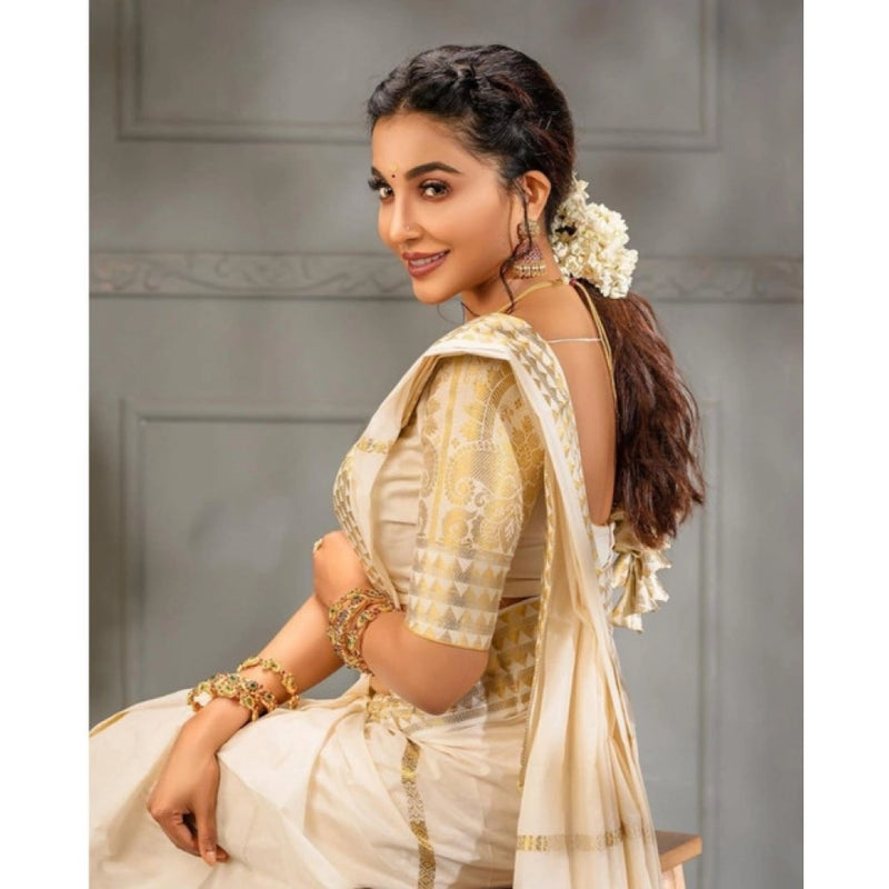 Mayawye Women's Soft Litchi Silk Jacquard Work Saree With Unstitched Blouse 5.5Mtr (White)