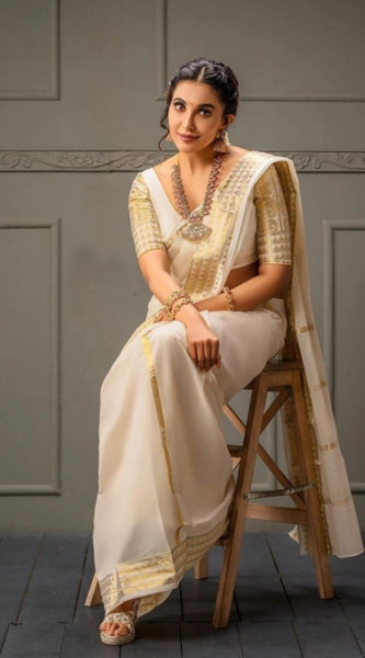Mayawye Women's Soft Litchi Silk Jacquard Work Saree With Unstitched Blouse 5.5Mtr (White)