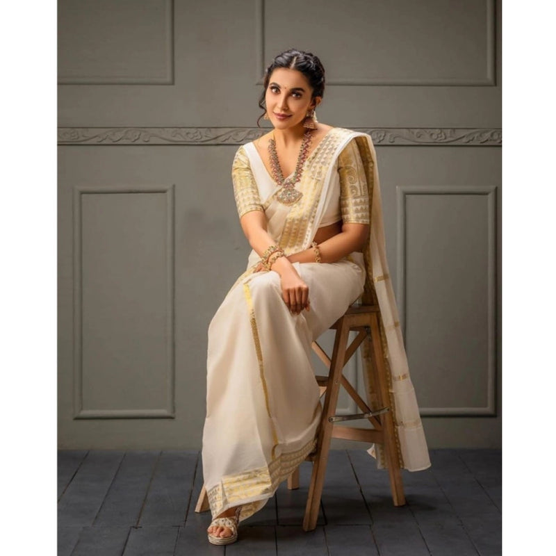 Mayawye Women's Soft Litchi Silk Jacquard Work Saree With Unstitched Blouse 5.5Mtr (White)