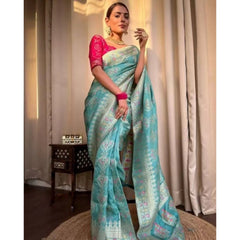 Mayawye Women's Soft Litchi Silk Jacquard Work Saree With Unstitched Blouse 5.5Mtr (Sky Blue)