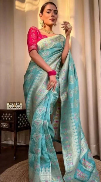 Mayawye Women's Soft Litchi Silk Jacquard Work Saree With Unstitched Blouse 5.5Mtr (Sky Blue)
