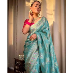 Mayawye Women's Soft Litchi Silk Jacquard Work Saree With Unstitched Blouse 5.5Mtr (Sky Blue)