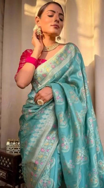 Mayawye Women's Soft Litchi Silk Jacquard Work Saree With Unstitched Blouse 5.5Mtr (Sky Blue)