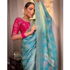 Mayawye Women's Soft Litchi Silk Jacquard Work Saree With Unstitched Blouse 5.5Mtr (Sky Blue)