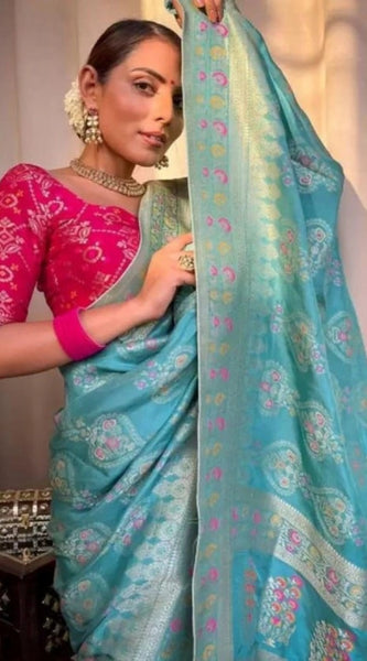 Mayawye Women's Soft Litchi Silk Jacquard Work Saree With Unstitched Blouse 5.5Mtr (Sky Blue)