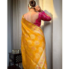 Mayawye Women's Soft Litchi Silk Jacquard Work Saree With Unstitched Blouse 5.5Mtr (Mustard Yellow)