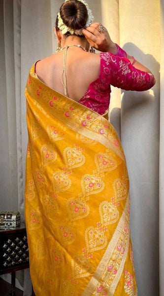 Mayawye Women's Soft Litchi Silk Jacquard Work Saree With Unstitched Blouse 5.5Mtr (Mustard Yellow)
