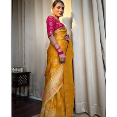 Mayawye Women's Soft Litchi Silk Jacquard Work Saree With Unstitched Blouse 5.5Mtr (Mustard Yellow)