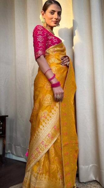 Mayawye Women's Soft Litchi Silk Jacquard Work Saree With Unstitched Blouse 5.5Mtr (Mustard Yellow)